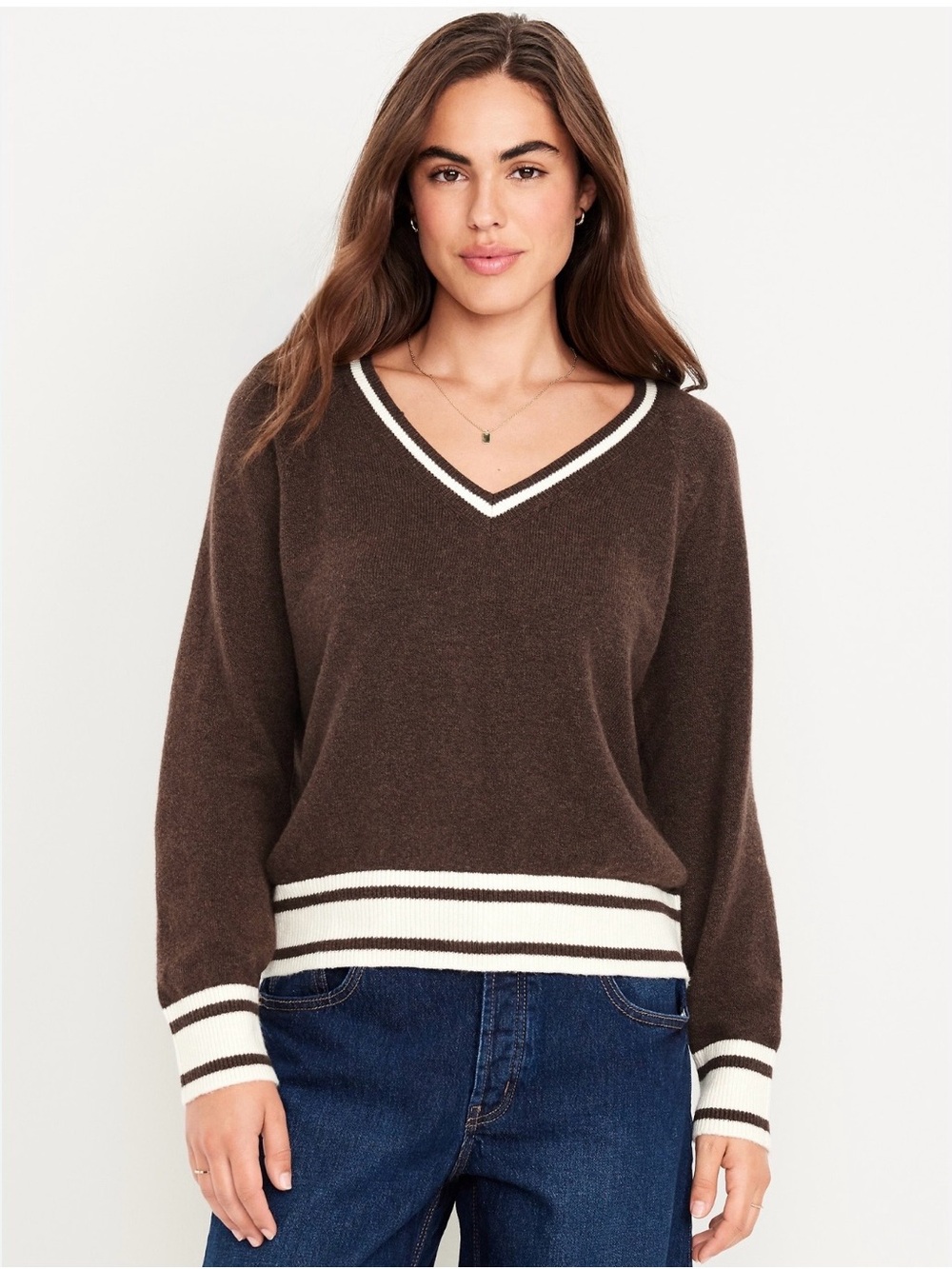 Old Navy Brown V-Neck Sweater with White Stripe Trim